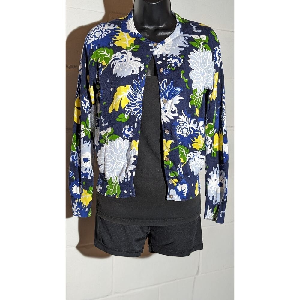 Land's End Floral Cardigan Sweater Blue Yellow White Flower Print Cotton Xsmall